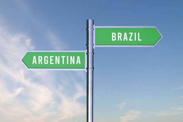 Firma indicando la dirección de las fronteras entre dos países ARGENTINA, BRASIL, 3d render. - Foto, imagen