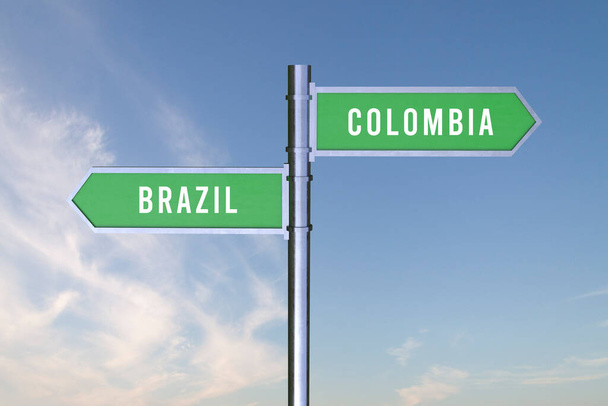 Firma indicando la dirección de las fronteras entre dos países BRASIL, COLOMBIA, 3d render. - Foto, imagen