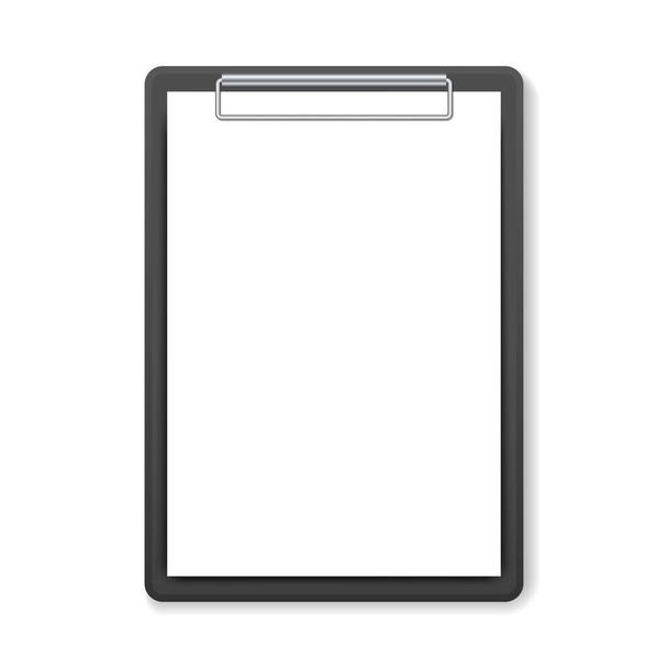 Black clipboard with white sheet on white background. Template design blank mock up. Concept for education, business, planning or infographics. Vector illustration - Vector, Image