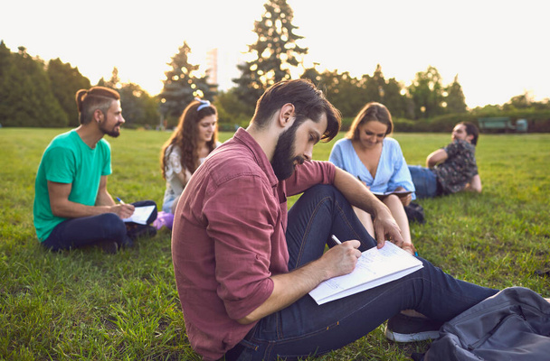 Bir grup genç öğrenci yaz parkında çimlerin üzerinde oturarak iletişim kuruyor. Arkadaşlar boş zamanlarında rahatlar.. - Fotoğraf, Görsel