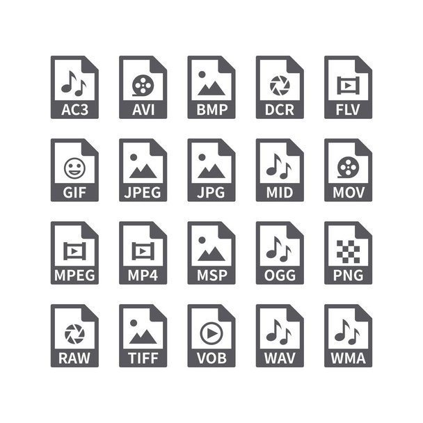 Tipo de archivo vector iconos para archivos multimedia. Avi, Mp3, música y vídeo, botones de formatos de imagen. - Vector, Imagen