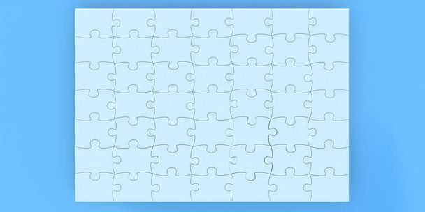 Jigsaw Puzzle leere Fliesen Hintergrund, Gittervorlage 7X7, 49 leere Teile, Mockup für Bild-Overlay, Geschäftspräsentation. Komplettes Spiel, alle Figuren verbunden. 3D-Illustration - Foto, Bild