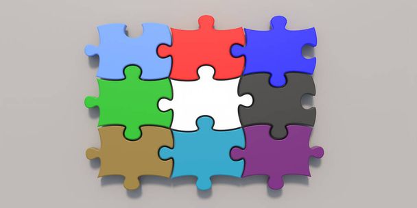 Puzzle-Puzzle bunte Fliesen auf grauem Hintergrund, Gittervorlage 3X3, 9 Teile Farbvielfalt, Kopierraum. 3D-Illustration - Foto, Bild