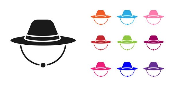 Czarny Camping kapelusz ikona izolowane na białym tle. Kapelusz plażowy Panama. Explorer kapelusz podróżników na polowania, wędrówki, turystyka. Zestaw ikon kolorowe. Wektor. - Wektor, obraz