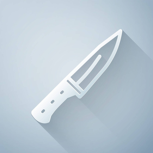 紙カット肉チョッパーアイコンは灰色の背景に隔離されています。肉屋のナイフだ。肉用の包丁。肉屋のナイフだ。紙のアートスタイル。ベクトル. - ベクター画像