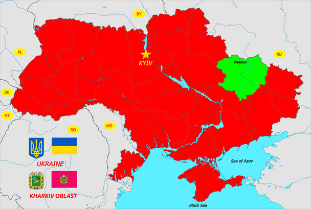 Ukrajinská mapa s hlavním městem Kyjevem, s vlajkami a erby Ukrajiny a Charkov. - Fotografie, Obrázek