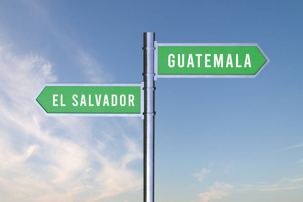 Señal indicando la dirección de las fronteras entre dos países EL SALVADOR, GUATEMALA, 3d render. - Foto, imagen