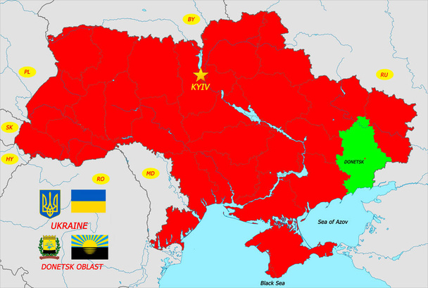 Ukrajinská mapa s hlavním městem Kyjevem, s vlajkami a erby Ukrajiny a Doněcké oblasti. - Fotografie, Obrázek
