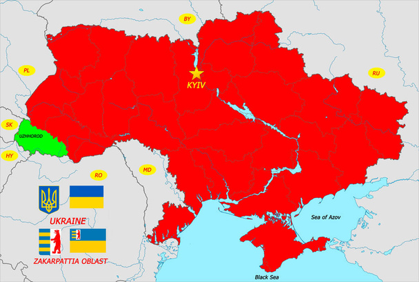 Ukrainian map with the capital Kyiv, wiyh the flags and coats of arms of Ukraine and Zakarpattia oblast. - Photo, Image