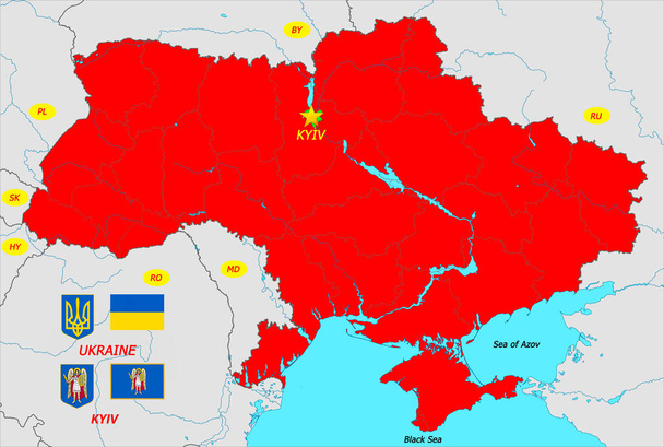 Ukrainan kartta pääkaupunki Kiova, wiyh liput ja vaakunat Ukrainan ja Kiovan. - Valokuva, kuva