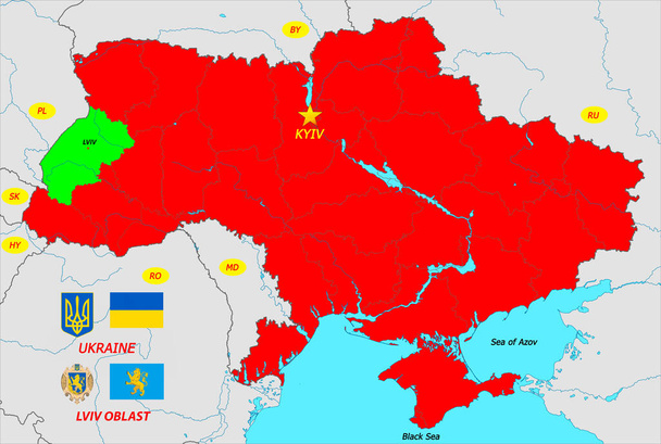 Ukrajinská mapa s hlavním městem Kyjevem, s vlajkami a erby Ukrajiny a Lvovska. - Fotografie, Obrázek