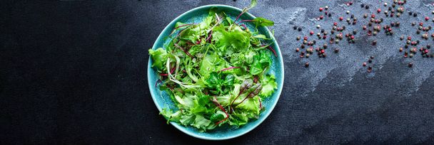 φρέσκια πράσινη σαλάτα μαρούλι μείγμα ζουμερό μικροπράσινο σνακ keto ή paleo διατροφή στο τραπέζι υγιεινό γεύμα σνακ κορυφή δείτε χώρο αντίγραφο για το κείμενο τροφίμων φόντο ρουστίκ - Φωτογραφία, εικόνα