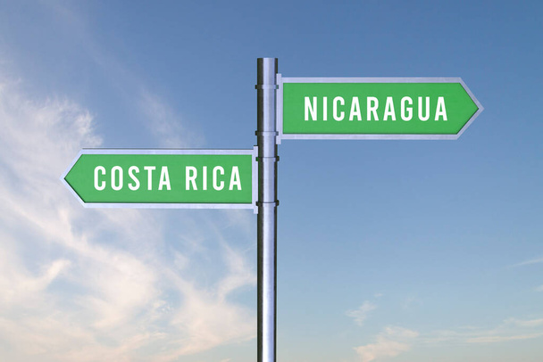 Firma indicando la dirección de las fronteras entre dos países COSTA RICA, NICARAGUA, 3d render. - Foto, imagen