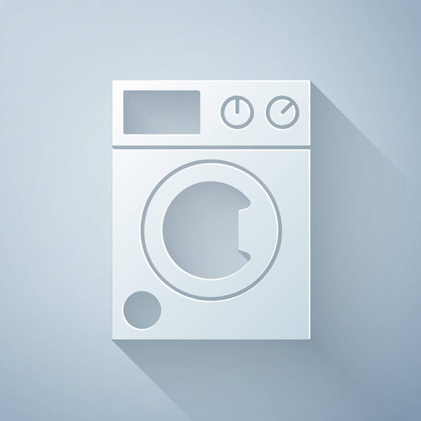 Папір вирізав ікону Вашер, ізольовану на сірому фоні. Ікона прання машини. Одяг пральник - пральна машина. Символ побутової техніки. Паперовий стиль. Вектор. - Вектор, зображення