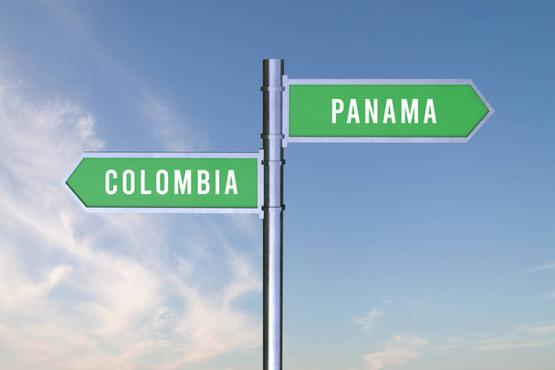 Jelzés a két ország közötti határok irányáról COLOMBIA, PANAMA, 3d render. - Fotó, kép
