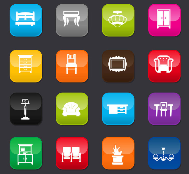 Furniture icon set for web sites and user interface. Colored buttons on a dark background - Vektör, Görsel