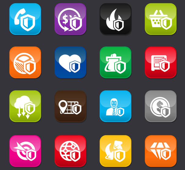 Insurance icons set for web sites and user interface. Colored buttons on a dark background - Vector, Imagen