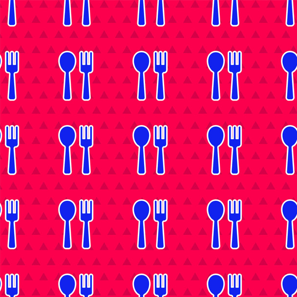 Blue Fork and spoon icon isolated seamless pattern on red background. Cooking utensil. Cutlery sign.  Vector. - Vector, Image