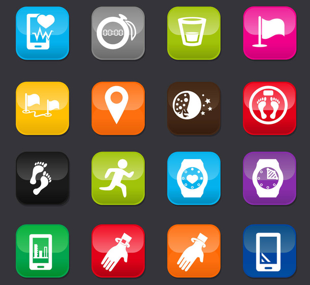 Joggin and workout modern monitoring apps vector icons for user interface design. Colored buttons on a dark background - Vector, Imagen