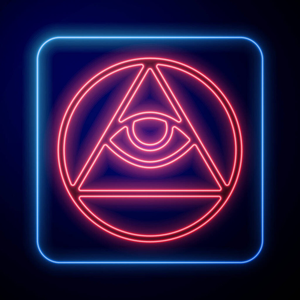 ネオンメイソンのシンボルを輝く青い背景に隔離された神のアイコンのすべてを見る目。三角形のプロビデンスの目。ベクトル. - ベクター画像