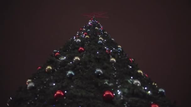 primer plano de un árbol de Navidad con luces parpadeando en la noche afuera. - Metraje, vídeo