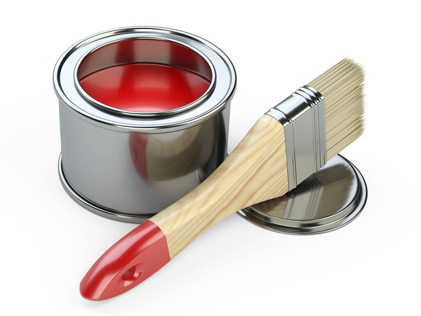 Open can of red paint. The new repair brush is on. 3d illustration isolated on white background. - Foto, immagini
