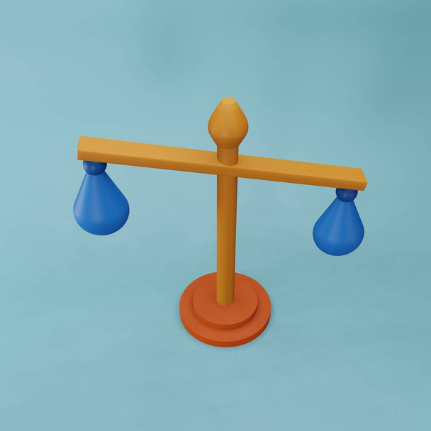 3D illusztráció az igazság mérleg. Az igazságszolgáltatás 3D-s skálája kék alapon elszigetelve. A kék alapon izolált zsákokkal ábrázolt egyensúly fogalma. - Fotó, kép