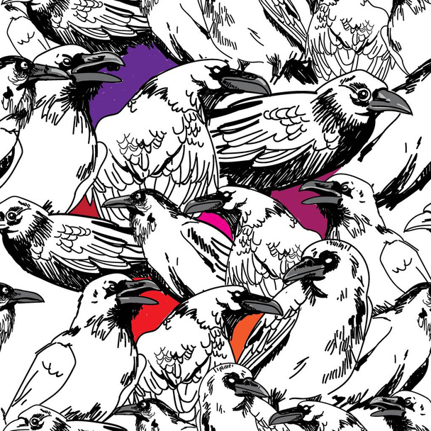 Seamless pattern with crows. Big birds are sitting. Drawing by hand in vintage style. Gothic, stylish background. - Vektor, Bild