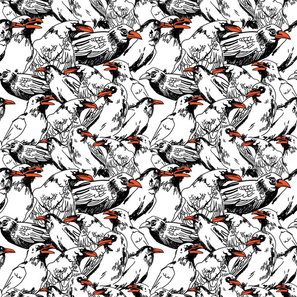 Seamless pattern with crows. Big birds are sitting. Drawing by hand in vintage style. Gothic, stylish background. - Vector, Imagen