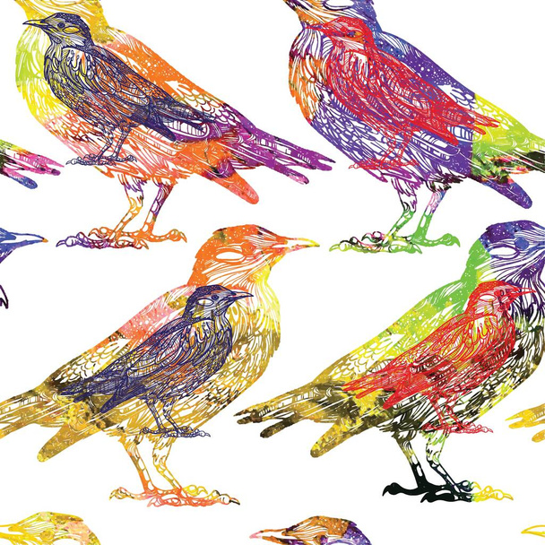 Seamless pattern with birds. Meditative coloring, patterns. Many details, antistress coloring. Mandala. Points, stripes. Vintage drawing by hand. - Vektor, Bild
