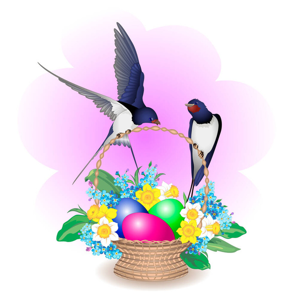 swallows on an Easter basket with Easter eggs, daffodils and forget-me-nots - Vector, Image