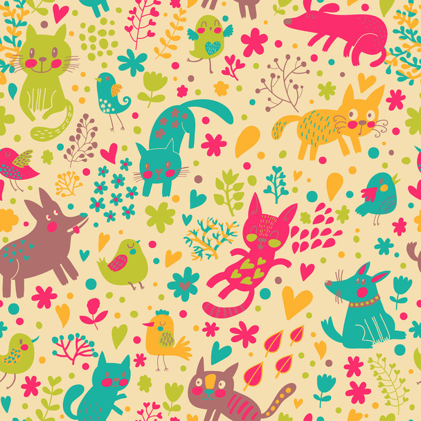 Bright childish seamless pattern with birds, cats and funny dogs - Vektori, kuva