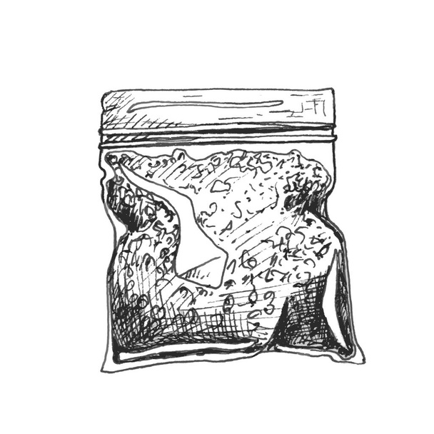 Пластиковий пакет для марихуани. Векторна сіра старовинна вилупна ілюстрація ізольована на білому тлі. Для лейблу, плакату, Інтернету з магазином конопель
 - Вектор, зображення