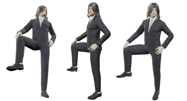 Illustrazione 3D Uomini asiatici con lunghi capelli neri set fotografico Indossare il miglior abito grigio cravatta Mostra una postura eretta e sollevare una gamba. Un'espressione sicura Con percorso di taglio - Foto, immagini