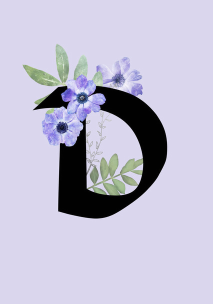 Monogramma floreale (lettera) - decorato con fiori di anemone blu e foglie di acquerello - Foto, immagini