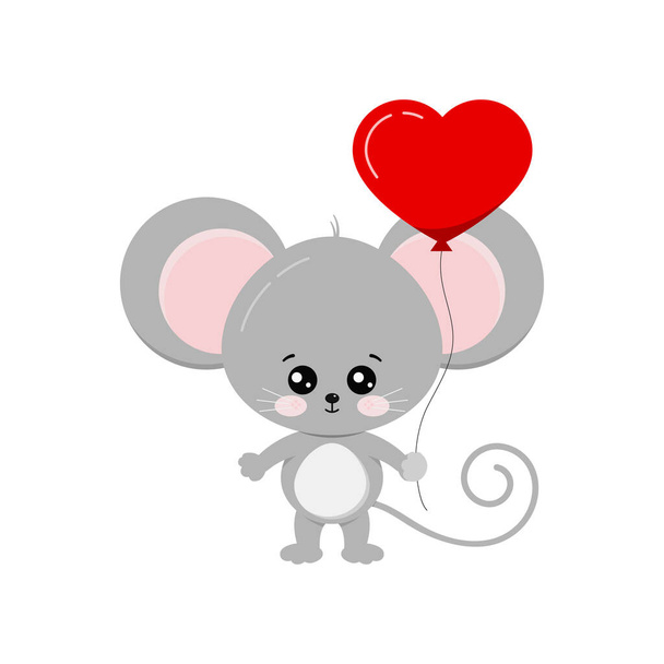 Cute mouse with heart shape balloon in paw isolated on white background. - Vetor, Imagem