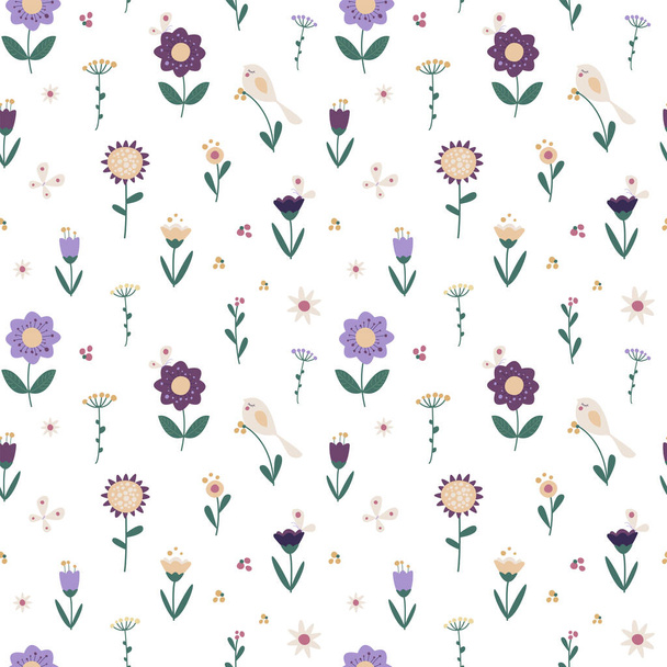 Flowers with butterflies and birds on a white background, pastel colors. Vector seamless pattern. - Vektör, Görsel