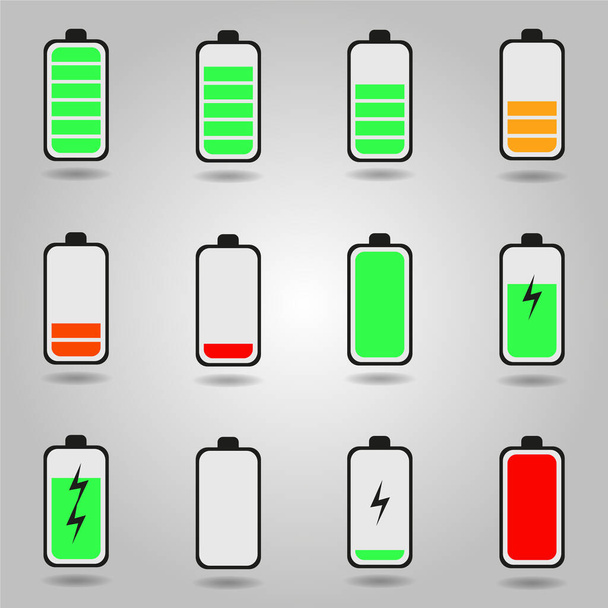 Juego de símbolos de estado de carga de batería de teléfono plano - Vector, Imagen
