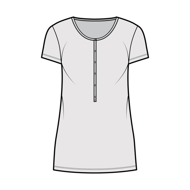 Рубашка платье мини техническая мода иллюстрация с Хенли шея, короткие рукава, негабаритные, Карандаш полнота, растяжка - Вектор,изображение