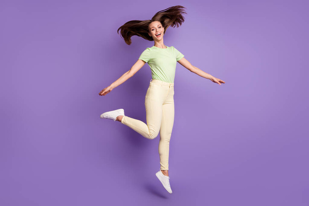 Full length body size view of her she nice attractive lovely pretty carefree cheerful cheery funky girl jumping dancing having fun isolated bright vivid shine vibrant lilac violet color background - Foto, Bild