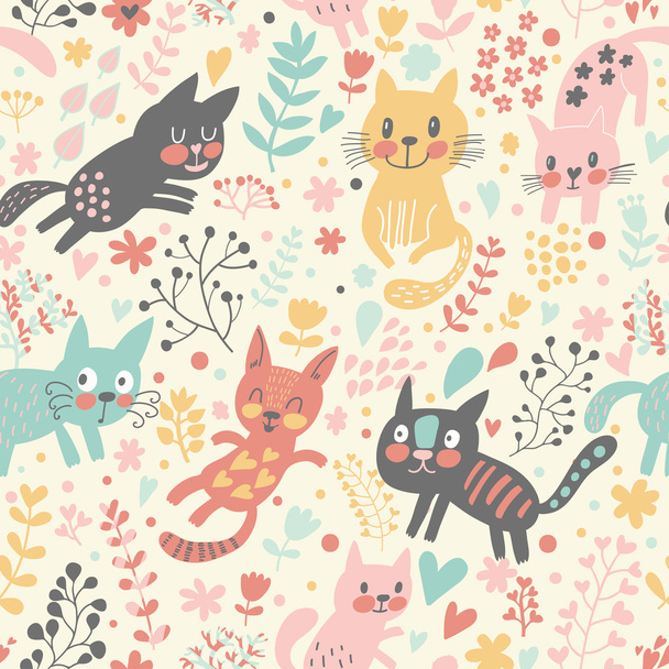 Childish seamless pattern with funny cats - Wektor, obraz