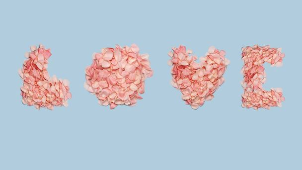 Word love from pink petals on blue paper background. - Foto, imagen