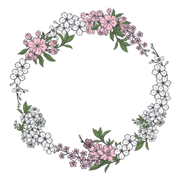 Spring wreath with hand drawn  flowers. Vector   illustration. - Vector, Image