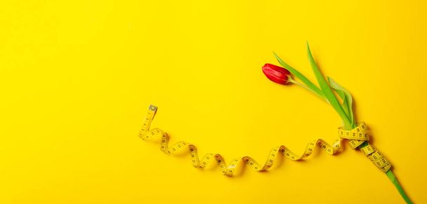 Une tulipe rouge et une bande de centimètre sur un fond jaune avec espace de copie, lieu de texte. Carte de vœux fitness. Journée internationale de la femme ou fête des mères. Coudre magasin de loisirs d'artisanat. Fleuriste. Minceur - Photo, image
