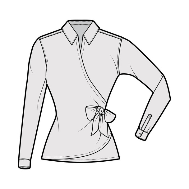 シャツラップ技術的なファッションイラストで蝶ネクタイ閉鎖、肘は長い袖、古典的な襟、装着体を折り畳んだ - ベクター画像