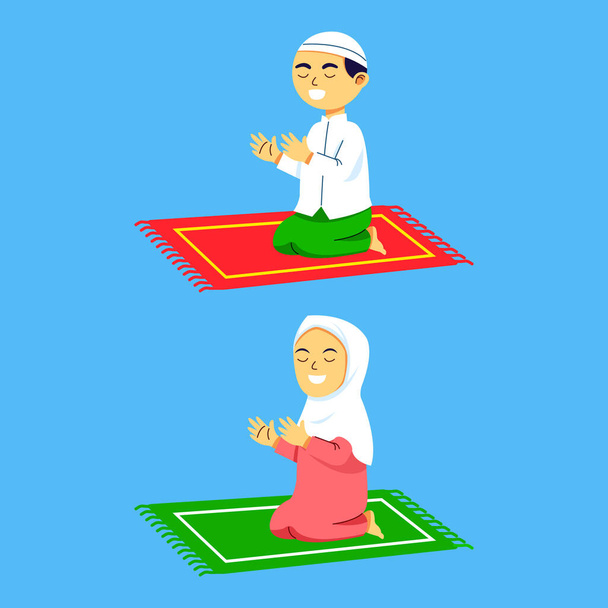 Muszlim lány és fiú ülnek és imádkoznak a szőnyegen. - Vektor, kép