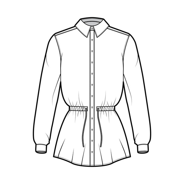 Tričko stahovací šňůrka sebraný pas technická módní ilustrace s kravatou, dlouhé rukávy, délka tuniky, klasický límec - Vektor, obrázek