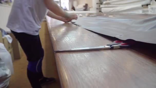 γυναίκα λειαίνει το PVC φιλμ στο κατάστημα για την παραγωγή οροφών τεντώματος - Πλάνα, βίντεο