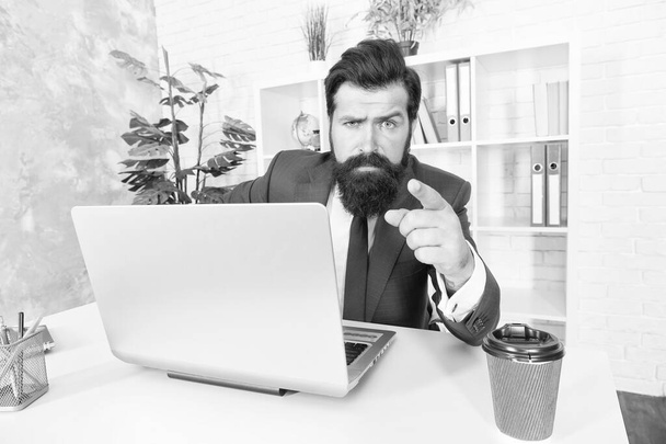 Man inspired manager work online laptop, solving problem concept - Foto, imagen