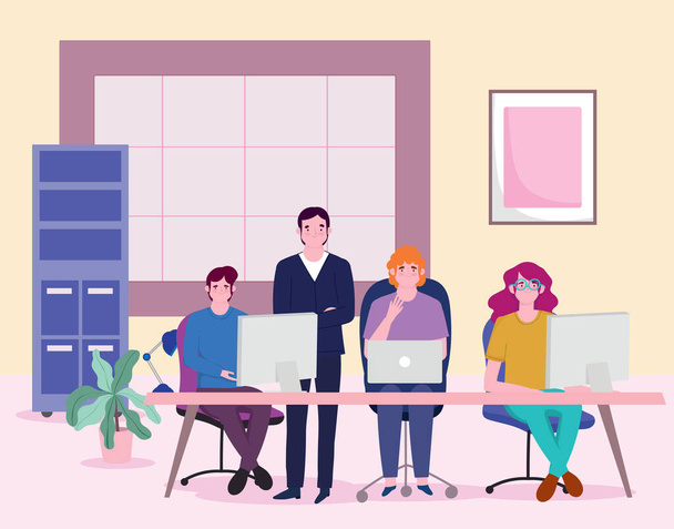 встреча с деловыми людьми, совместная работа с ноутбуком - Вектор,изображение
